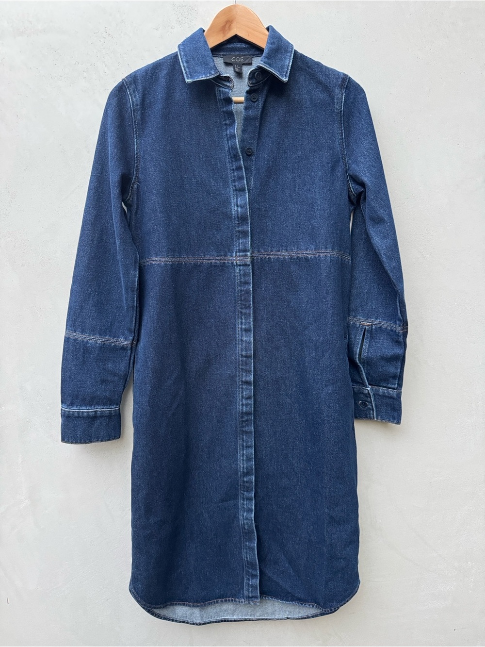 COS Topstitched Denim Shirt Dress Size 2 Blue Cotton Blend Long Sleeve